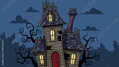 Spooky cartoon haunted house with crooked architecture surrounded by eerie trees and clouds