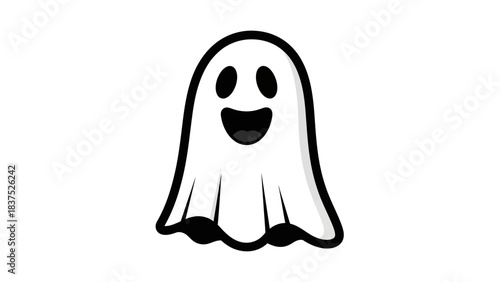 Cheerful cartoon ghost with a smiling face, floating against a plain white background