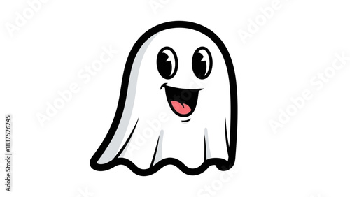 Cheerful cartoon ghost character with big eyes and a smiling mouth on a white background