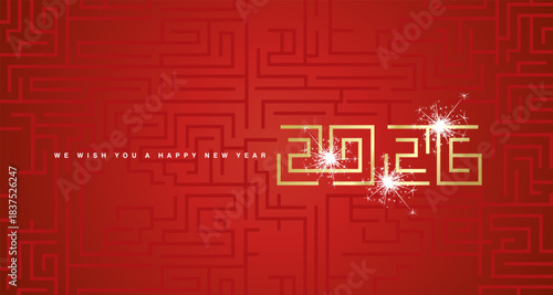 Happy New Year 2026 cyberspace abstract golden high technology modern and mystic 2026 typography with sparkle fireworks on maze red background