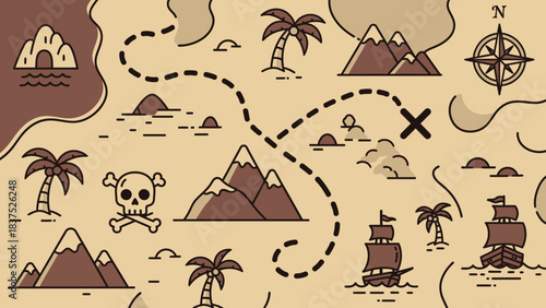 A whimsical treasure map featuring mountains, palm trees, and pirate ships with an X marking the spot