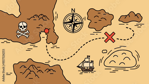 Vintage treasure map illustration with marked locations, compass, and pirate ship navigating islands