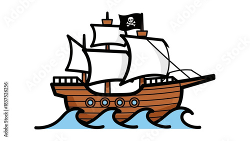 Cartoon pirate ship sailing on waves with a skull flag, vibrant colors, playful design