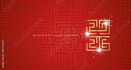Happy New Year 2026 golden cyberspace high tech typography mystic meander ornament on labyrinth abstract pattern red background