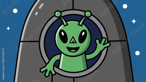 Cartoon alien character waving from a spaceship window against a starry night sky