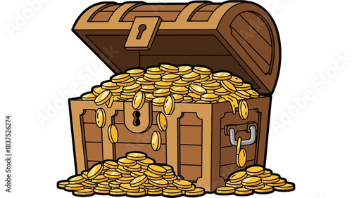 Treasure chest overflowing with gold coins, set against a whimsical fantasy background