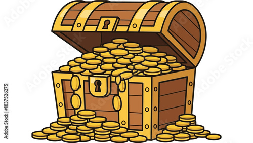 Treasure chest overflowing with gold coins, set against a simple background, symbolizing wealth