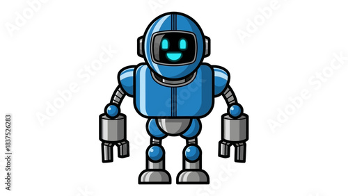 Friendly blue robot character with a smiling face, standing upright in a simple background