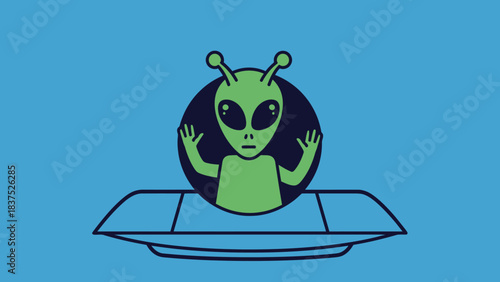 Cartoon alien character emerging from a spaceship against a blue background, playful and whimsical