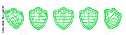 Digital Shield Wireframe Collection Featuring Green 3D Mesh Protection Icons For Technology And Secure System Design. Digital Shield Icons. Vector Illustration