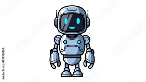 Cheerful cartoon robot character with a friendly smile, standing in a futuristic setting