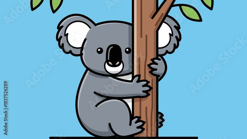 Cute cartoon koala hugging a tree against a bright blue background, showcasing wildlife