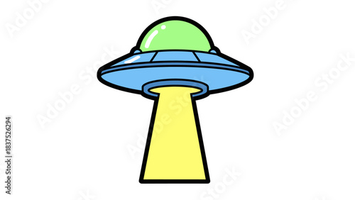 Colorful cartoon UFO with a green dome and yellow beam, hovering above a simple background