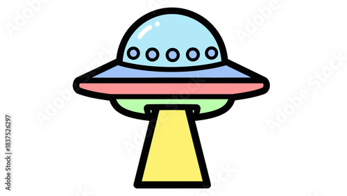 Colorful cartoon UFO hovering above a vibrant landscape with a clear sky and distant hills