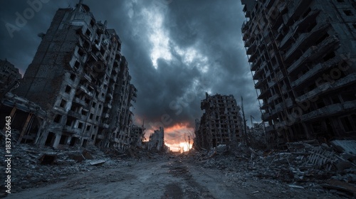 A High Resolution image of post apocalypse after war or earthquake, apocalyptic destroyed city.