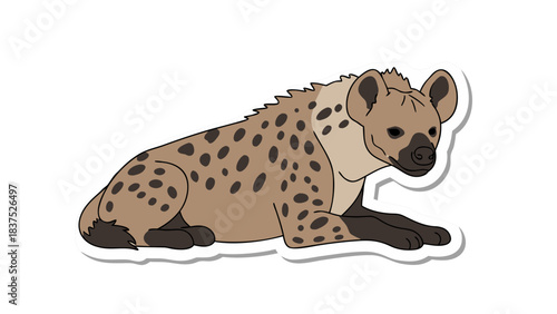 Illustration of a hyena lying down its fur is tan with dark spots and white outlines on a black background suitable for wildlife education materials