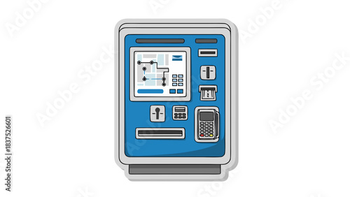 Illustration of a Blue Parking Ticket Machine with a Screen Showing a Map and Payment Slots on a Black Background