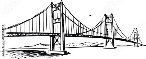 This vector illustration of the famous Golden Gate Bridge suspension architecture captures the iconic California landmark over the San Francisco Bay water against a clear city sky in the USA