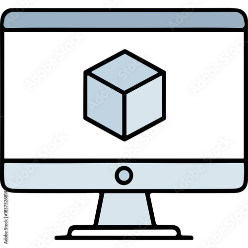 Computer screen displaying a simple light blue isometric cube graphic on a white background with a grey monitor frame and stand isolated on black background modern technology concept