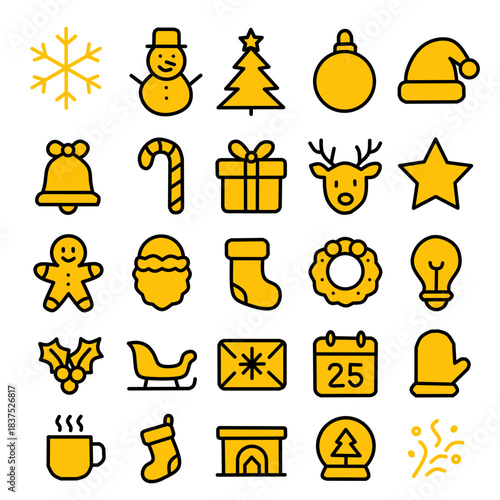 Gold Christmas Icon Set – Yellow Golden Outline Collection