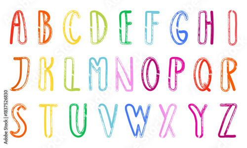 Hand drawn marker textured font with expressive strokes and handcrafted look. Grunge colorful English alphabet featuring capital uppercase letters in playful childlike marker and chalk texture