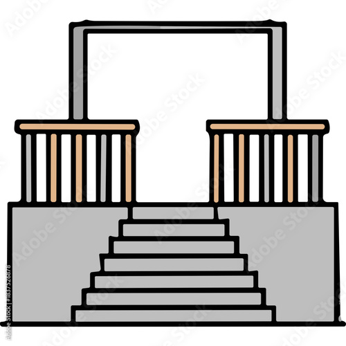 Concrete Staircase Leading Up To A Simple Architectural Structure With Railings And An Archway In A Stylized Drawing With Gray And Tan Colors And A Black Background