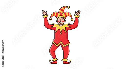 Joyful Jester Character in Red and Yellow Costume with Jester Hat Arms Raised in Celebration Isolated on Black Background
