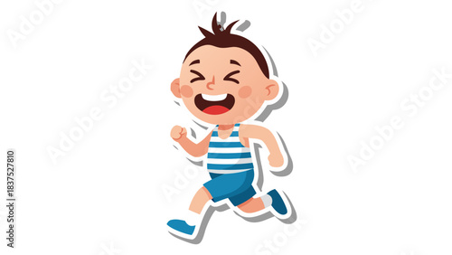 Joyful cartoon boy with brown hair wearing a blue and white striped tank top and shorts running with eyes closed and mouth open in a playful pose against a black background with a white outline