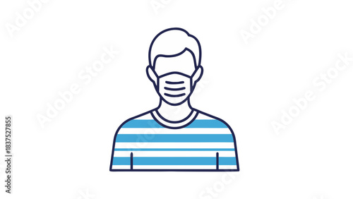 Illustration of a person wearing a protective face mask and a blue and white striped shirt against a black background emphasizing health and safety measures