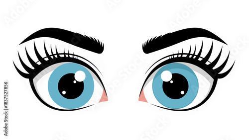 Illustration of a Pair of Blue Eyes with Defined Eyelashes and Eyebrows Set Against a Black Background