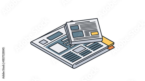 Isometric Pixel Art Representation Of Stacked Newspapers With Headlines And Articles In Blue And White Color Scheme With Yellow Accent