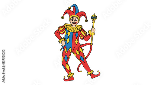 Jester Character Full Body Pose Standing With Scepter and Colorful Diamond Patterned Costume on Black Background Festive Entertainment