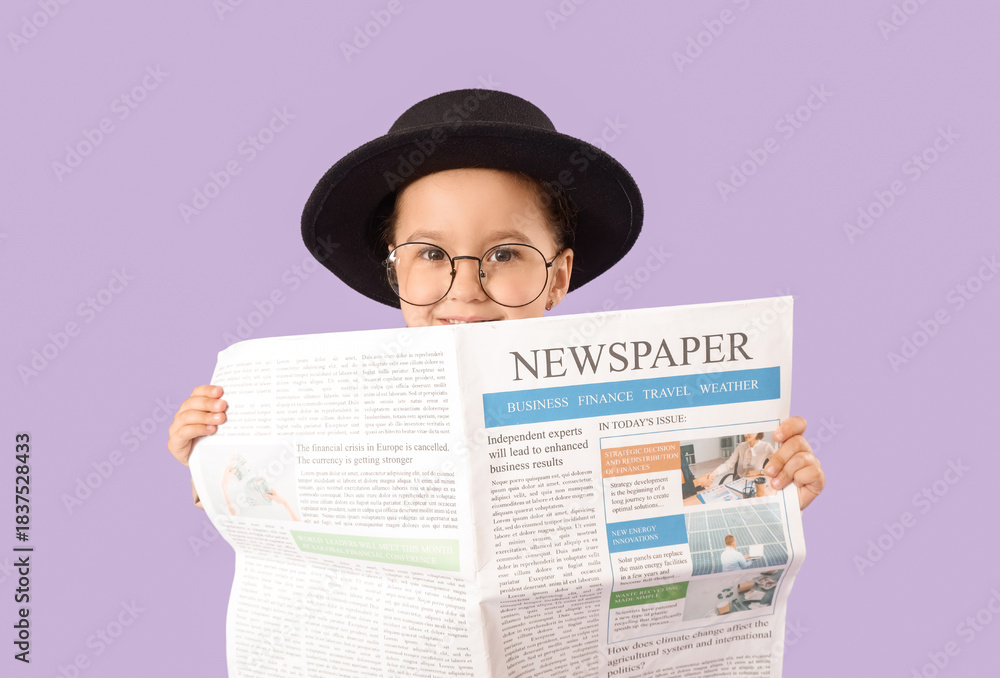 Fototapeta premium Cute little detective with newspaper on lilac background