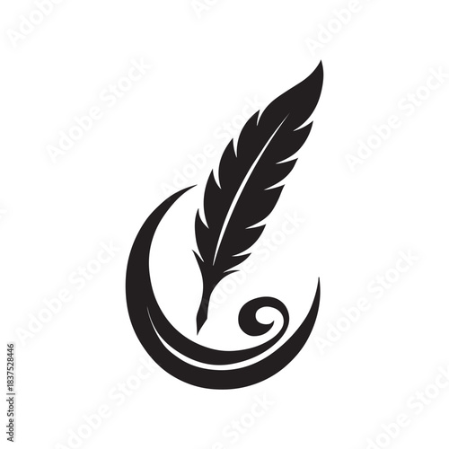 Elegant Feather Quill Pen Logo Design for Writing and Creative Industries in Black and White Vector Illustration silhouette icon