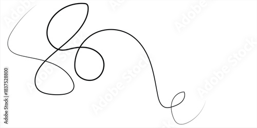A single thin dark wavy line forming loops and curves on a plain white background, resembling an abstract drawing or a strand of hair.