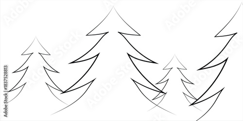 Minimalist black and white line art illustration of several stylized evergreen trees in a forest setting, drawn with simple flowing lines.