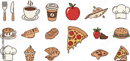 Collection of isolated delicious breakfast food items and sweet dessert snacks