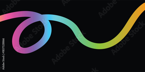 A vibrant, flowing, gradient-colored abstract line curves gracefully across a dark background, showcasing a spectrum of hues.