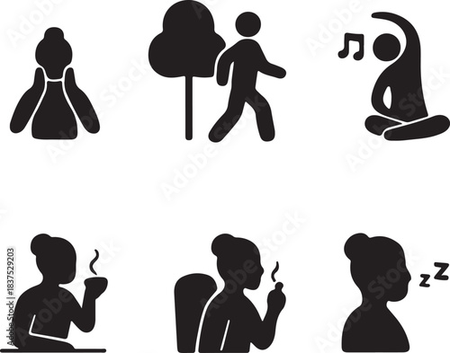 Lifestyle icons depicting relaxation, exercise, and daily activities.