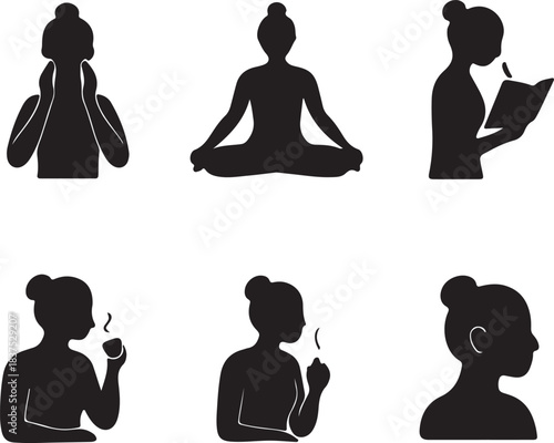 Woman silhouette various daily activities and self-care moments collection