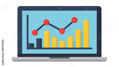 Laptop displaying a financial graph with bar charts and a line graph showing data trends on a dark background, blue screen with yellow and red elements