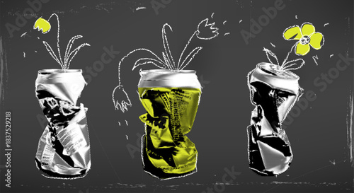 New Life from Waste Flowers Blooming in Recycled Cans.  Blooms Flowers in Crushed Cans  in style y2k. 