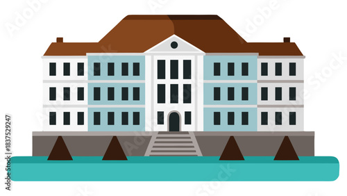 Light Blue Classical Mansion With Brown Roof and Water Reflections Under Clear Sky