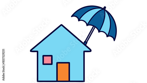 Light Blue House Under Blue Umbrella Protecting From Rain On Black Background Simple Vector Illustration With Orange Door And Pink Window