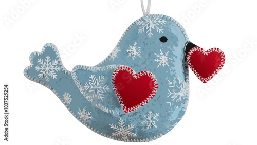 Light Blue Fabric Bird Ornament Decorated with White Snowflakes Holding Two Red Hearts for Christmas Celebration