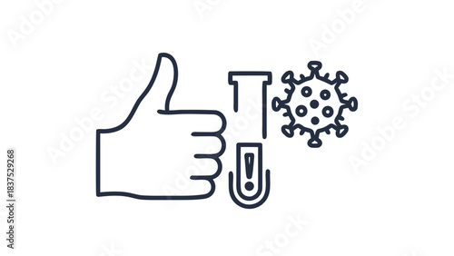 Line Art Illustration of a Thumbs Up Symbol Next to a Test Tube and Coronavirus Icon on a Black Background Positive Medical Test Result or Approval Concept