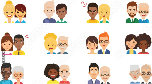 Cartoon vector icon set of diverse people, including boy, girl, man, and woman character faces, expressing a variety of emotions from smile to angry