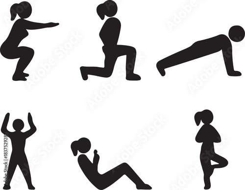 Female fitness icons demonstrating various exercises in silhouette