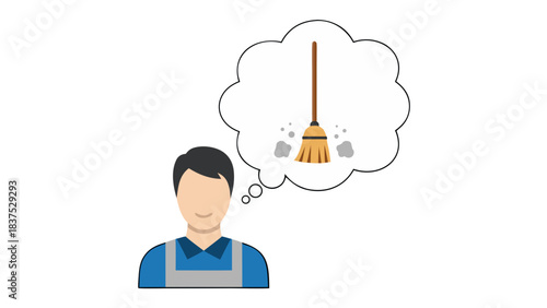 Male cleaner thinking about sweeping dust with a broom a thought bubble above his head showing a broom and dust particles against a black background