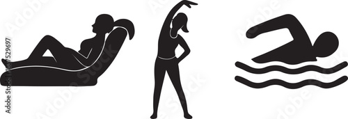 Woman relaxing, stretching, and swimming icons.